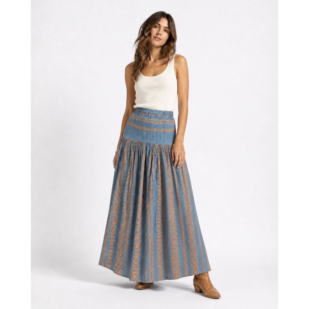 Just Bellina Blue Cotton Embroidered Tiered Midi Skirt Large Orange Geometric